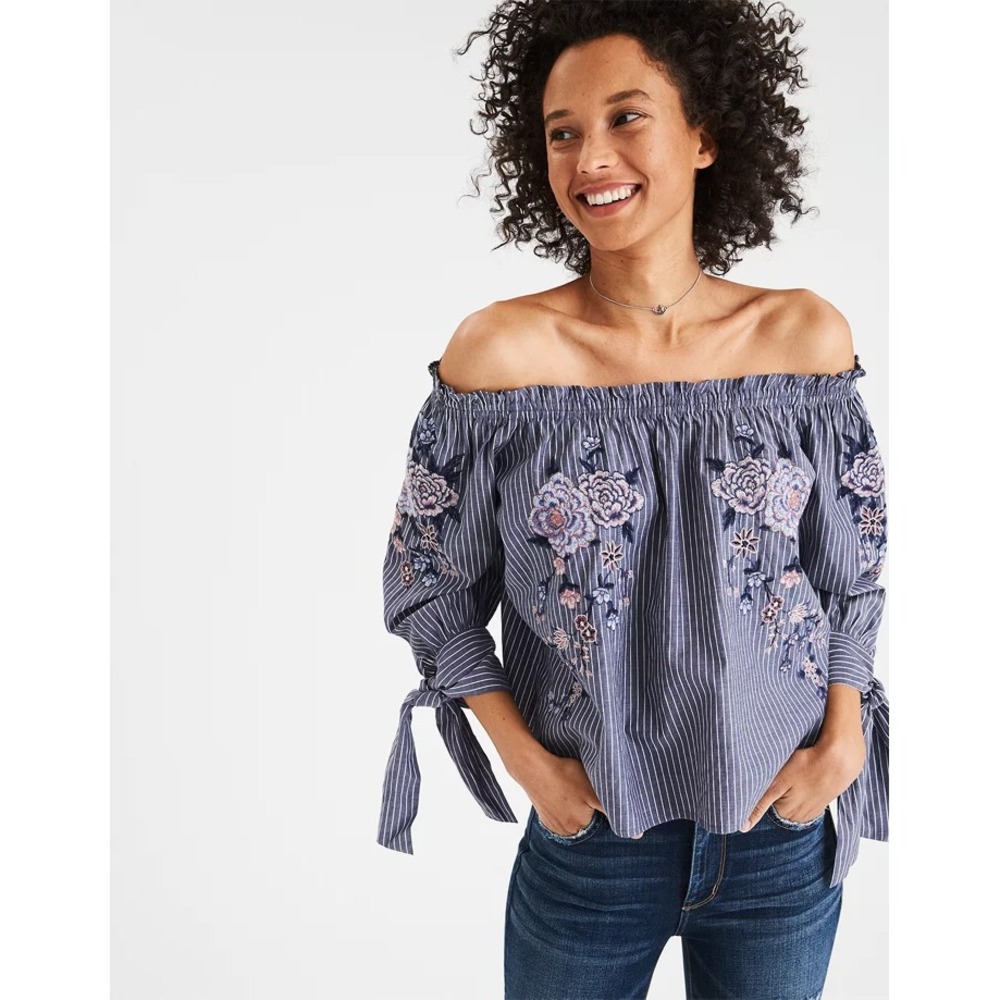 American Eagle Embroidered Off Shoulder Pinstripe Tie Sleeve Blouse Blue Small